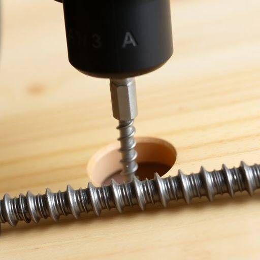 Drill bit and lag screw on a wooden surface.