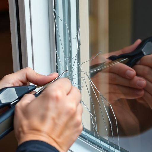 Person replacing a broken window pane in a frame.