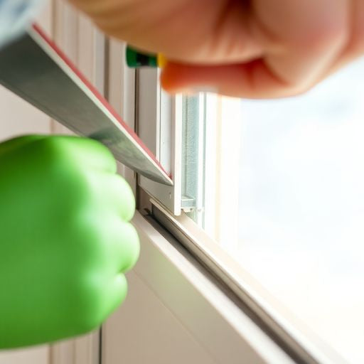 Person weatherstripping a window for energy efficiency.