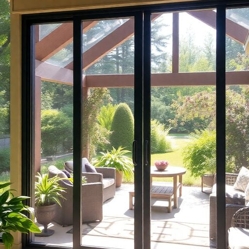 Patio screen door leading to a lush outdoor area.