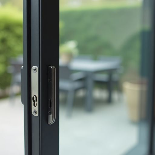 Close-up of a sliding glass door lock.
