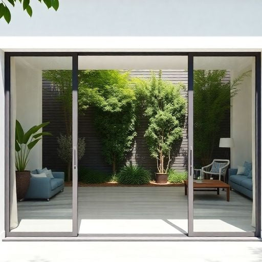 Modern home with open sliding glass door and patio.