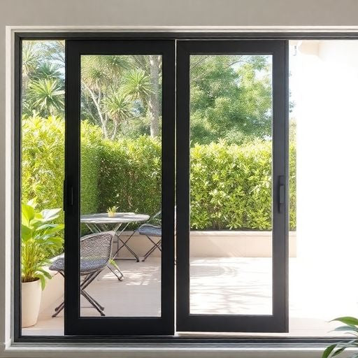 A sliding screen door leading to a bright patio.