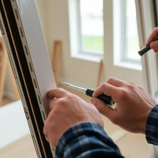 Person removing old double hung window with tools.