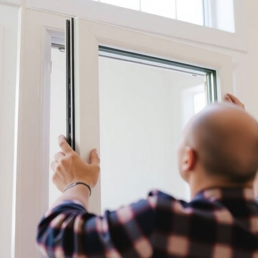 Person installing a vinyl window in a bright room.