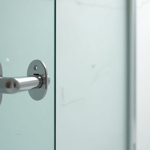 Close-up of adjustable shower door hardware and fittings.