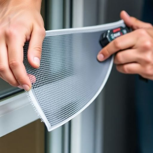 Person rescreening a window with tools and materials.