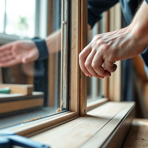 Craftsman repairing a double hung sash window in workshop.