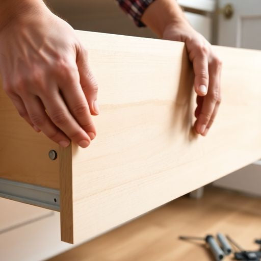 Hands removing a kitchen drawer with tools nearby.