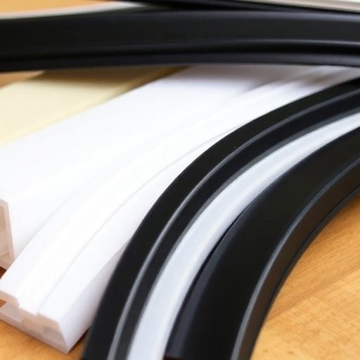 Different types of window weather stripping materials on a surface.