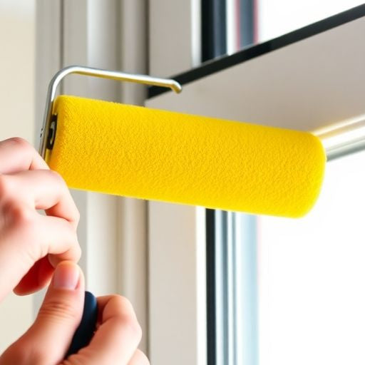 Hands painting aluminum window frames with a roller.