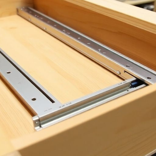Close-up of center mount drawer slides in wooden drawer.