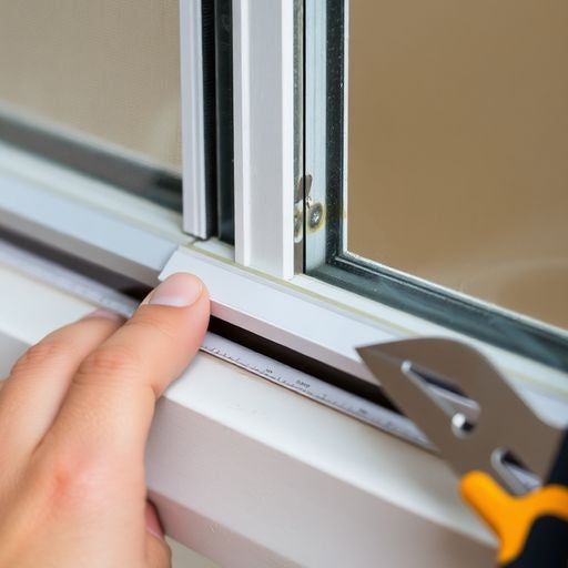 Person applying weather stripping to a window frame.