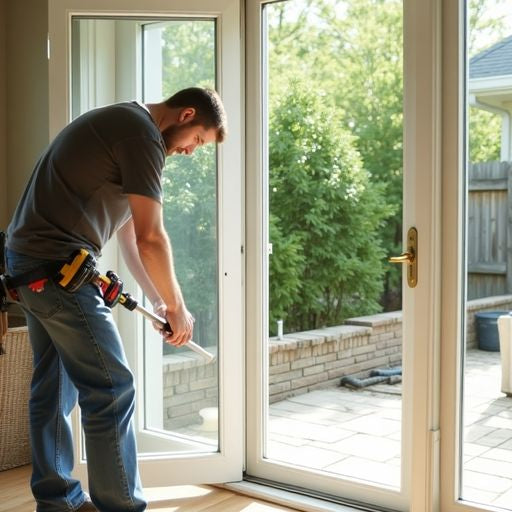 Man installing a new patio door in backyard.