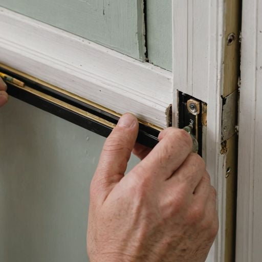 Applying weather stripping to a door frame.