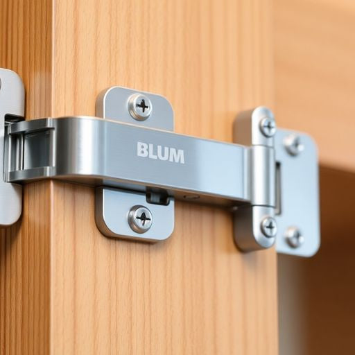Close-up of Blum hinges on a cabinet door.
