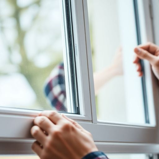 Hands lifting a single hung window from its frame.