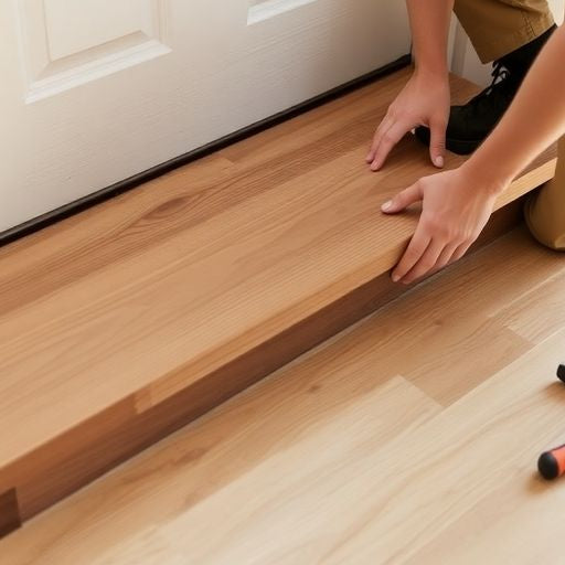 Beginner installing wooden door threshold with tools nearby.