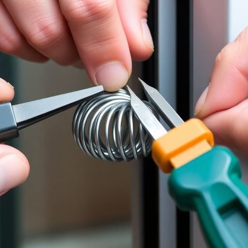 Hands repairing window springs with tools and components.