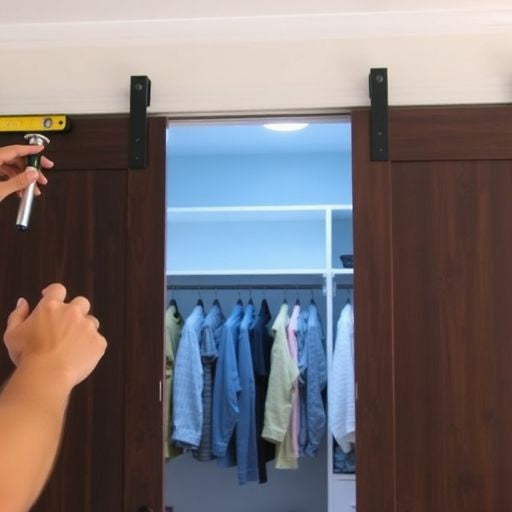 Person rehanging sliding closet doors with tools in hand.