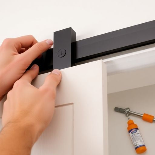 Hands aligning a sliding closet door on its track.