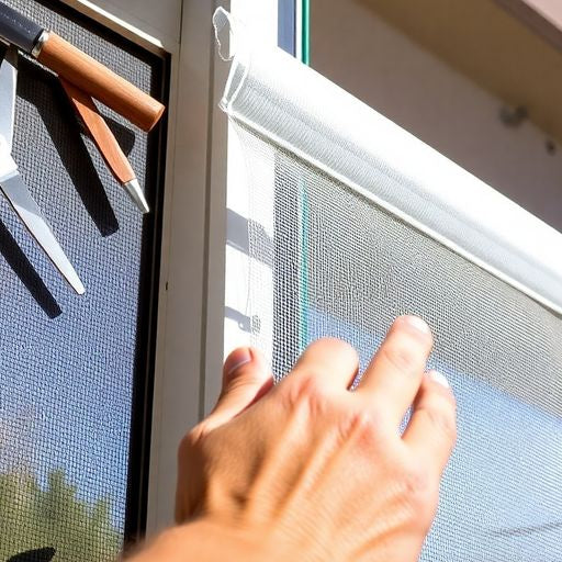 Person rescreening a window with tools and new material.