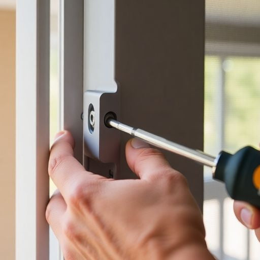Person adjusting screen door height with a screwdriver.