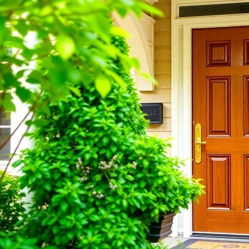 Stylish Stanley door with rich wood finish and greenery.