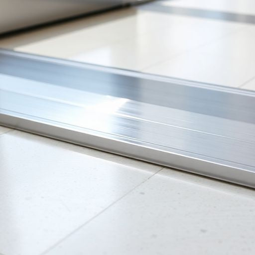 Clean aluminum door threshold at a bright entrance.