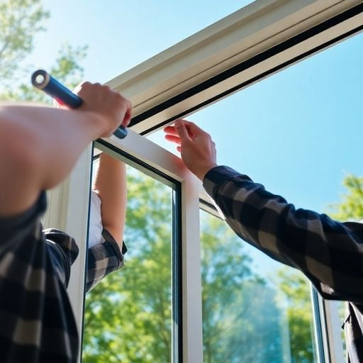 Homeowner removing aluminum window frame with tools outdoors.