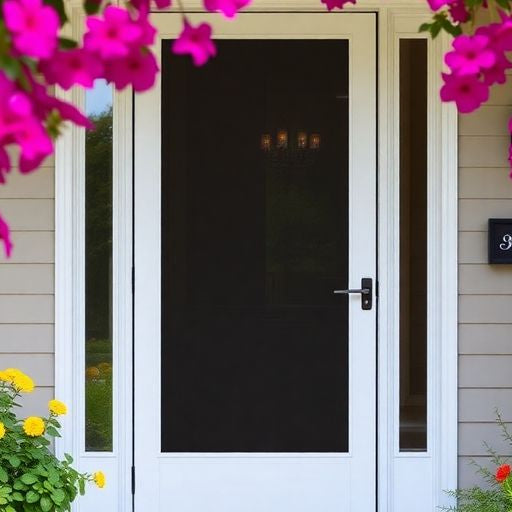 Stylish screen door surrounded by flowers and greenery.