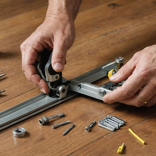 Hands fixing sliding glass door track with tools