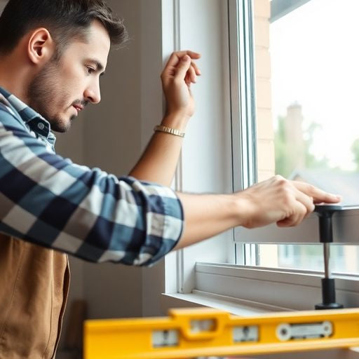 Handyman repairing a window with tools in a workshop.