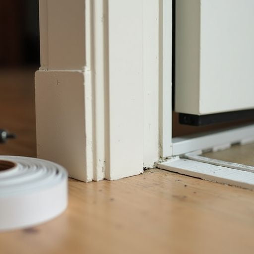 Person sealing a door frame with weatherstripping.