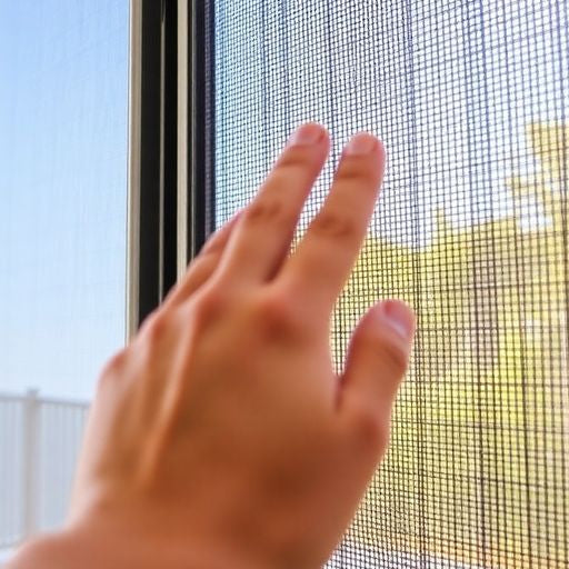 Hand adjusting a sliding screen door mechanism.