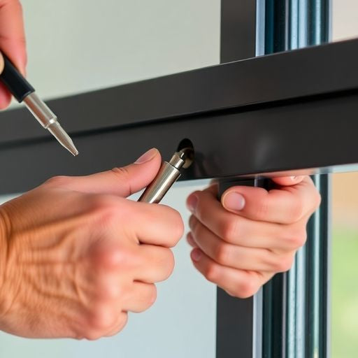 Hands replacing a sliding door lock with tools.