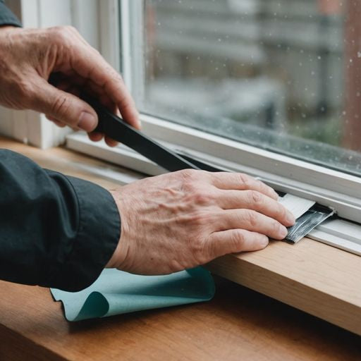 Person applying weather stripping to a window.