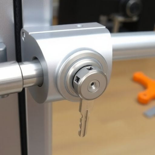 Key lock on a sliding glass door for security.