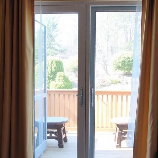 Insulated sliding glass door with thermal curtains.