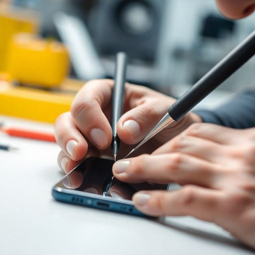 Technician repairing a smartphone screen in a workshop.