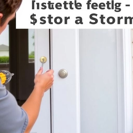 Person installing a storm door with tools in hand.