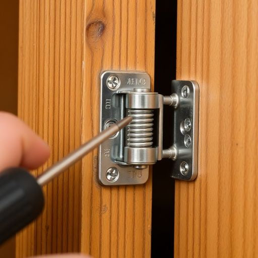 Hand installing a spring hinge on a wooden door.