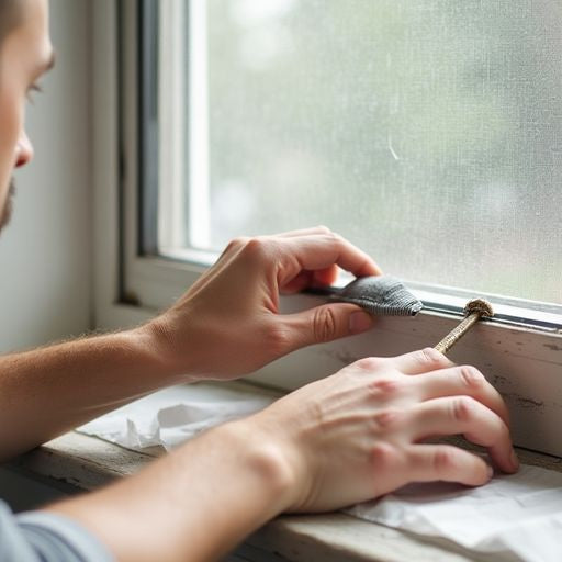 Person replacing a window screen with tools in hand.
