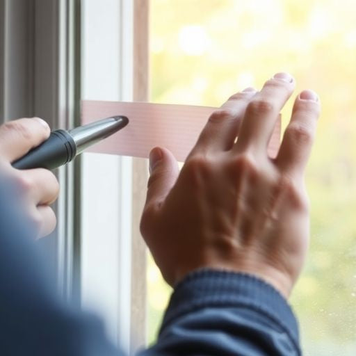 Person weatherstripping a window for energy efficiency.