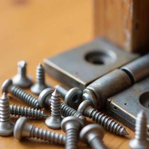 Close-up of screws beside a door hinge.