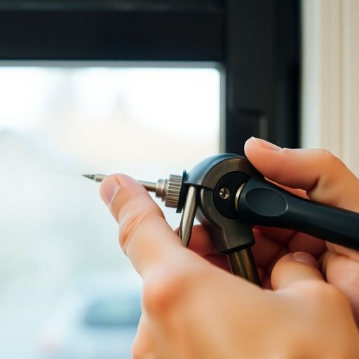 Hand installing a sliding door lock with tools.