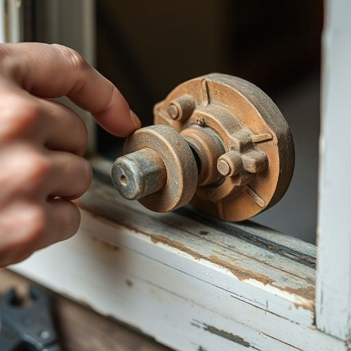 Close-up of a hand adjusting an old crank window.