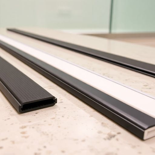 Different shower door sweeps on a bathroom countertop.