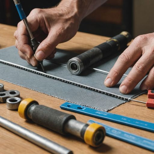 Hands repairing a window screen with tools.