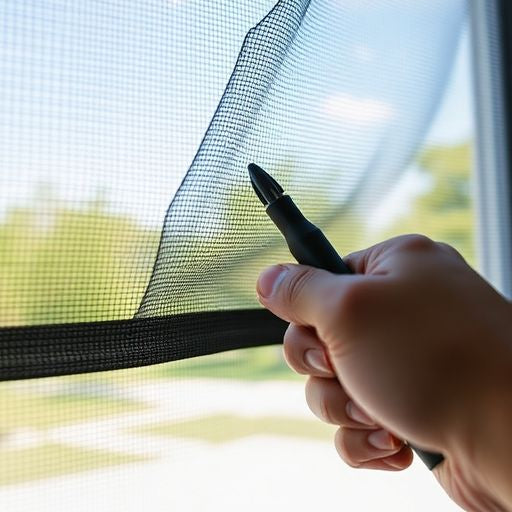 Person removing a window screen with a tool in hand.